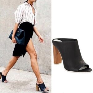 VINCE Leather Allison Open Toe Italian Slides Wooden Heel Black Size 6